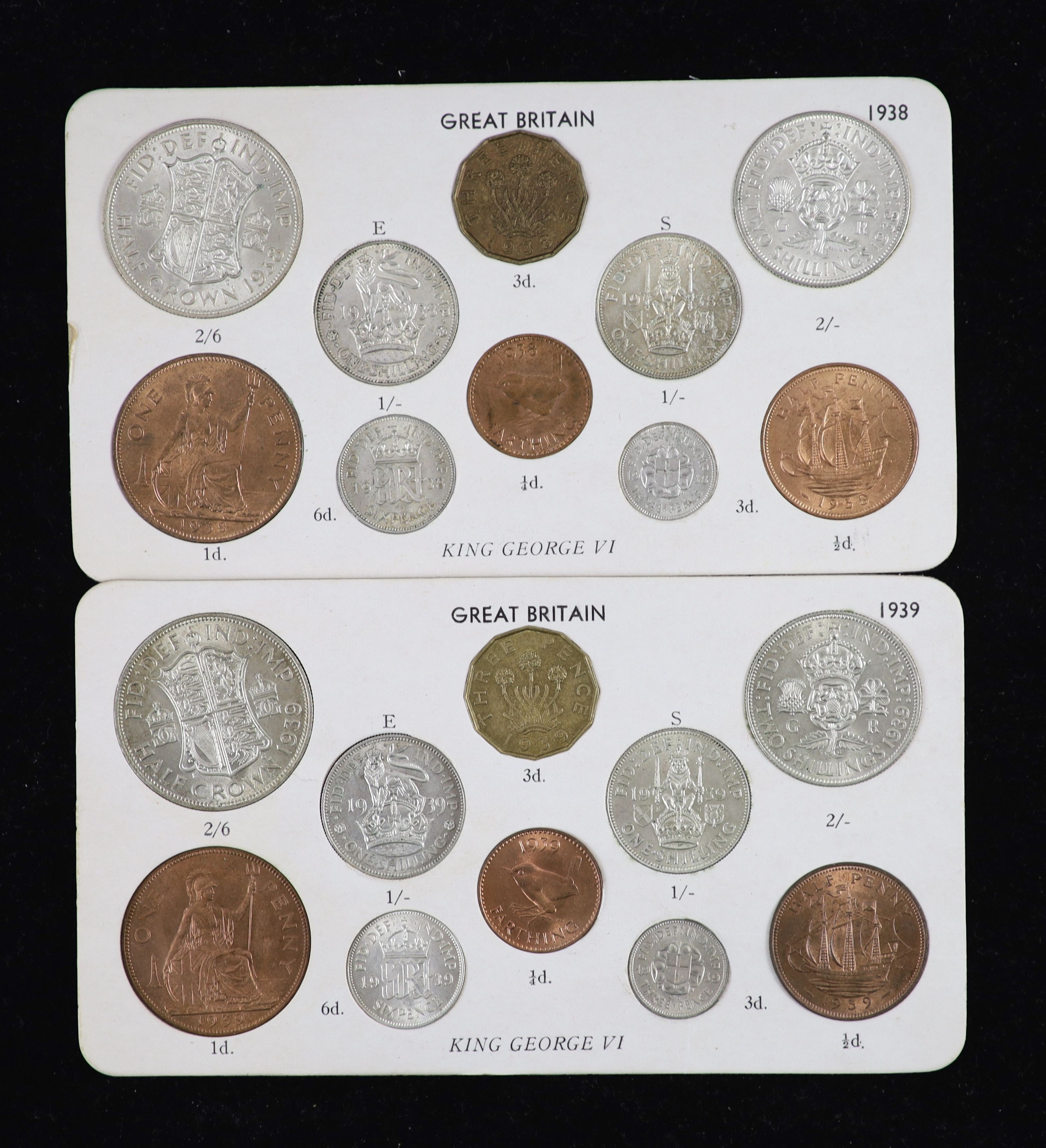 George VI specimen coin sets for 1938, 1939, 1940, 1941, 1942 and 1943, first coinage, the majority about EF or better